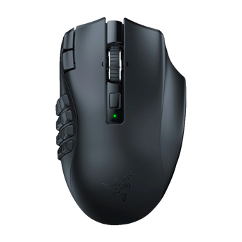 Draufsicht der schwarzen Gaming-Maus Razer Naga V2 HyperSpeed mit seitlichem Tastenfeld, Scrollrad und leuchtender LED-Statusanzeige.