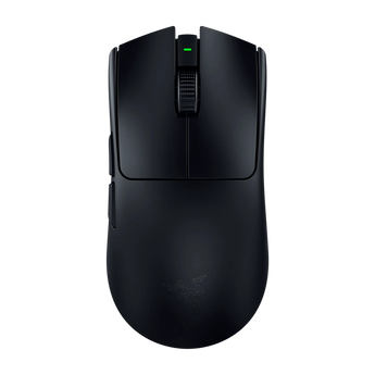 Draufsicht der schwarzen Razer Viper V3 Pro Gaming-Maus mit Mausrad, beleuchteter LED-Anzeige und seitlichen Tasten.