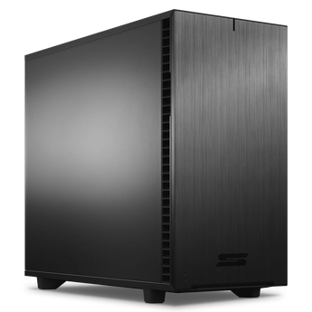 SCHENKER CAD STATION L Intel Tower-Gehäuse in einer Schrägansicht von vorne mit gebürsteter schwarzer Frontblende und seitlichem Lufteinlass.