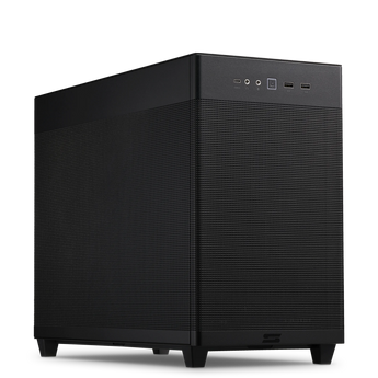 Schrägansicht des schwarzen Schenker CAD Station S Intel Gehäuses mit Mesh-Front, Anschlüssen an der Oberseite und Standfüßen.