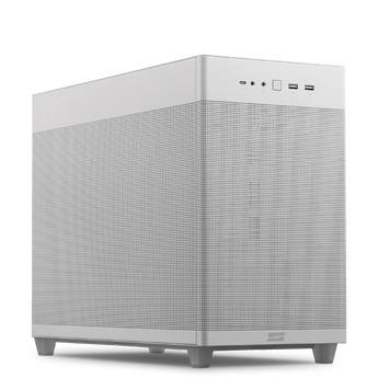 Schrägansicht des silbernen SCHENKER GRAPHICS STATION S Gehäuses mit Mesh-Front, Anschlüssen im oberen Bereich und dezentem Markenlogo unten.