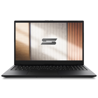 Frontalansicht des schwarzen Schenker CONNECT 15 (E26) Laptops mit geöffnetem Display, integrierter Tastatur und Trackpad.