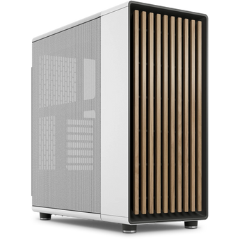 SCHENKER GRAPHICS STATION M Intel Tower-Gehäuse in weißer Schrägansicht mit Holzlamellenfront und seitlichem Mesh-Element.