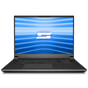 Frontalansicht des geöffneten SCHENKER KEY 18 Pro (E25) Laptops mit schwarzem Gehäuse, beleuchtetem Display und integriertem Ziffernblock.
