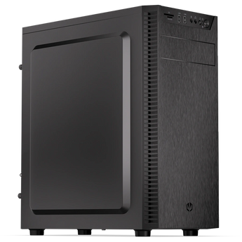 Schwarzer Schenker OFFICE STATION AMD Tower-PC in perspektivischer Ansicht mit gebürsteter Frontpartie und oberen Anschlüssen.