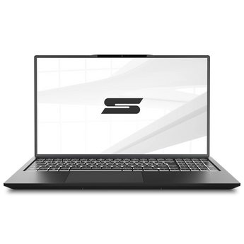 Frontalansicht des geöffneten SCHENKER WORK 15 (M23) Laptops mit schwarzem Gehäuse, beleuchteter Tastatur und integrierter Webcam am oberen Displayrand.