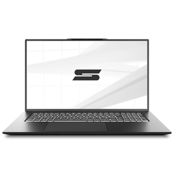 SCHENKER WORK 17 (M23) in der Frontalansicht mit aufgeklapptem Display, beleuchteter Tastatur und integrierter Webcam im oberen Displayrahmen.