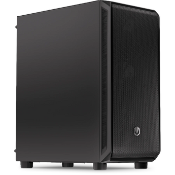 Schrägansicht des SCHENKER XR STATION M Intel PC-Gehäuses mit schwarzer Mesh-Front und mattem Gehäusekörper.