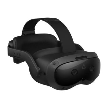 Schrägansicht des schwarzen HTC VIVE Focus Vision VR-Headsets mit Kopfband und integrierten Kameras auf der Frontblende.