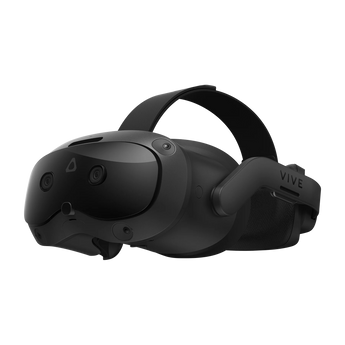 Schrägansicht der schwarzen VR-Brille HTC VIVE Focus Vision mit integrierten Tracking-Kameras auf der Front und seitlichem VIVE-Schriftzug.