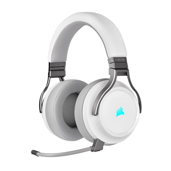 Corsair VIRTUOSO RGB Wireless Gaming-Headset in Weiß mit abnehmbarem Mikrofon in einer leicht seitlichen Frontalansicht.