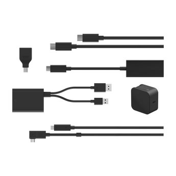 Lieferumfang des HTC VIVE Focus Vision Wired Streaming Kits mit verschiedenen USB-C- und Netzwerkkabeln, Adaptern sowie einem Netzteil.