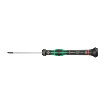 Wera 2050 PH0 Feinmechaniker-Schraubendreher in horizontaler Seitenansicht mit schwarzem Griff, grünen Elementen und metallischer Klinge.