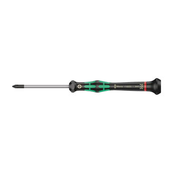 Wera 2050 PH1 Feinmechaniker-Schraubendreher in horizontaler Seitenansicht mit schwarzem Kraftform-Griff und grünen Weichzonen.