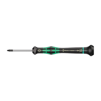 Wera 2067 TX6 Schraubendreher in horizontaler Seitenansicht mit silberner Klinge und schwarzem Kraftform-Micro-Griff mit grünen Einsätzen.