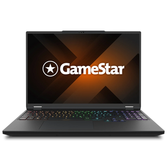 Frontalansicht des XMG APEX 16 MAX (M25) Gaming-Laptops mit geöffnetem Display, beleuchteter RGB-Tastatur und GameStar-Logo auf dem Bildschirm.