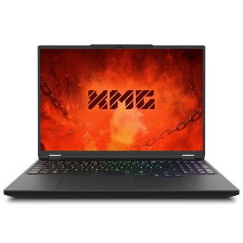 Geöffneter XMG APEX 16 MAX (M25) Gaming-Laptop in Frontansicht mit eingeschaltetem Display und bunt beleuchteter RGB-Tastatur.