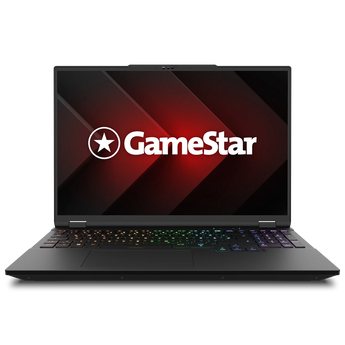 Frontalansicht des geöffneten Gaming-Laptops XMG CORE 16 (M25) - GameStar XXL mit GameStar-Logo auf dem Display und RGB-Tastaturbeleuchtung.