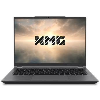 Frontalansicht des geöffneten XMG EVO 14 (E25) Laptops in Dunkelgrau mit eingeschaltetem Display, XMG-Logo und beleuchteter Tastatur.
