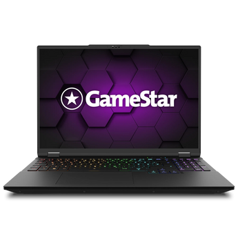 Frontalansicht des geöffneten XMG FUSION 16 (M25) GameStar Max 5070 Laptops mit RGB-Tastaturbeleuchtung und GameStar-Logo auf dem Bildschirm.