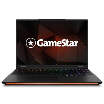 Geöffneter XMG NEO 16 (A25) GameStar ELITE Z Gaming-Laptop in Frontalansicht mit RGB-Tastatur und GameStar-Logo auf dem Display.