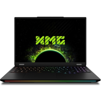Bestware XMG Laptop in Frontalansicht mit geöffnetem Display, beleuchteter RGB-Tastatur und farbiger LED-Lichtleiste an der Vorderkante.