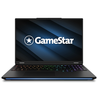 Frontalansicht des geöffneten XMG NEO 16 (E25) - GameStar TITAN Z mit beleuchteter RGB-Tastatur und blauem LED-Streifen an der Vorderkante.