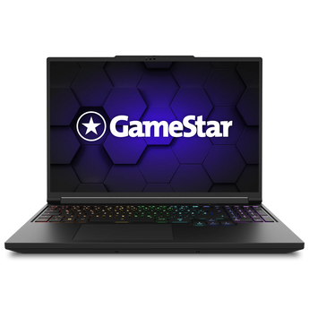 Frontalansicht des geöffneten XMG PRO 16 VE GameStar Max 5070 Ti Gaming-Laptops mit RGB-Tastaturbeleuchtung und GameStar-Logo auf dem Bildschirm.