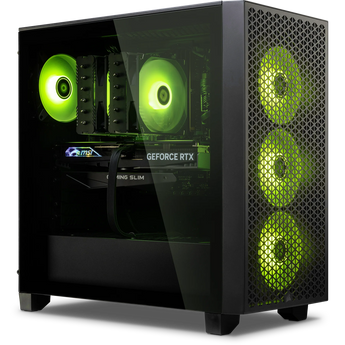 Schrägansicht des schwarzen Gaming-PCs XMG SECTOR E - AMD mit transparentem Seitenteil und grün leuchtenden RGB-Gehäuselüftern.