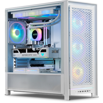 Weißer Gaming-PC XMG SECTOR X - Intel in der Schrägansicht mit beleuchteten RGB-Komponenten und Grafikkarte hinter dem Glas-Seitenteil.