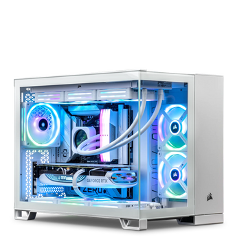 Weißer XMG UNIFY C2 AMD Gaming-PC in schräger Frontansicht mit eingeschalteter RGB-Beleuchtung der Lüfter und sichtbarer Hardware.