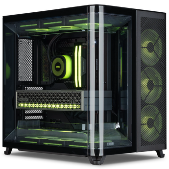 XMG UNIFY C3 Intel Gaming-PC in der Schrägansicht mit schwarzem Gehäuse, zwei Glasfronten und grün leuchtender RGB-Hardware im Innenraum.