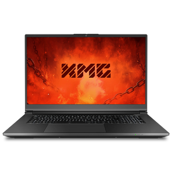 Frontansicht des geöffneten XMG APEX 17 (M25) Gaming-Laptops mit rot-orangem Display-Hintergrundbild und Tastatur.
