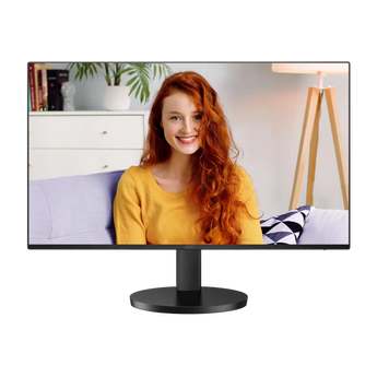 Frontalansicht des AOC Q27B3CF2 Monitors mit schmalem Rahmen und schwarzem Standfuß, der eine lächelnde Person auf dem Display zeigt.
