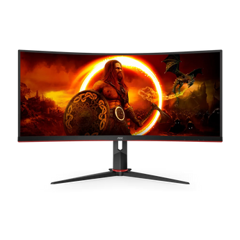 Frontalansicht des AOC CU34G2XP/BK Curved Gaming-Monitors mit schmalem schwarzem Rahmen, Display-Inhalt und Standfuß mit roten Akzenten.
