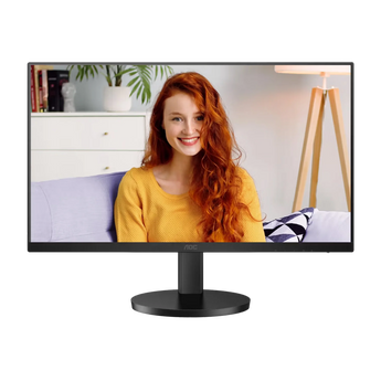 Frontalansicht des AOC U27B3AF Monitors mit schmalem Rahmen, schwarzem Standfuß und einer Frau auf dem Display.