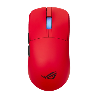 Draufsicht der roten ASUS ROG Harpe II Ace Gaming-Maus mit schwarzem ROG-Logo, zwei Seitentasten und einem blau beleuchteten Mausrad.