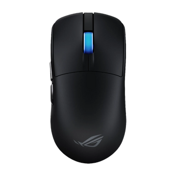 Draufsicht der mattschwarzen ASUS ROG Harpe II Ace Gaming-Maus mit blau beleuchtetem Mausrad und seitlichen Tasten.