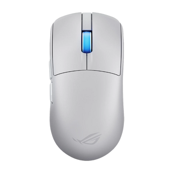 Frontalansicht der weißen ASUS ROG Harpe II Ace Gaming-Maus mit blau beleuchtetem Scrollrad und erkennbarem Logo am hinteren Gehäuserücken.
