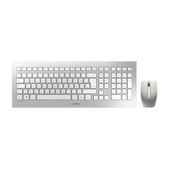 Frontalansicht des Cherry DW 8000 Desktop-Sets, bestehend aus einer silbernen Tastatur mit deutschem Layout und einer passenden Funkmaus.