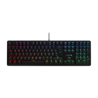 Draufsicht auf die schwarze Cherry G80-3000N RGB Tastatur mit deutschem Layout und eingeschalteter mehrfarbiger Tastenbeleuchtung.