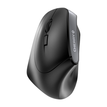 Schrägansicht der schwarzen, ergonomischen Linkshänder-Funkmaus Cherry MW 4500 Left mit Scrollrad und Tasten.