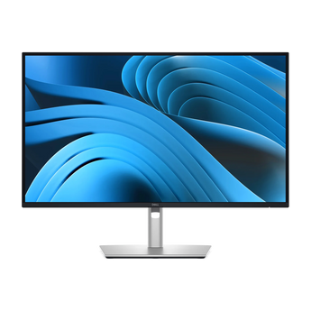 Frontalansicht des Dell Pro Plus P2725D Monitors mit schmalem schwarzem Displayrahmen und silbernem Standfuß bei eingeschaltetem Bildschirm.