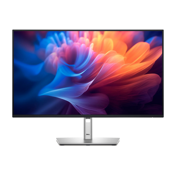 Frontalansicht des Dell Pro Plus P2725H Monitors mit schmalem Rahmen, silbernem Standfuß und farbenfrohem Displayinhalt.