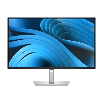 Dell Pro Plus P2725QE Monitor in Frontalansicht mit schmalem schwarzem Rahmen, silbernem Standfuß und aktiver blauer Displayanzeige.