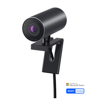 Dell UltraSharp WB7022 Webcam in perspektivischer Schrägansicht mit montierter Halterung und nach unten geführtem Anschlusskabel.