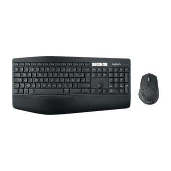 Schrägansicht von oben auf die Logitech MK850 Performance Tastatur mit Handballenauflage und die dazugehörige kabellose Maus.