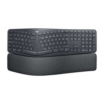 Draufsicht der ergonomischen, geschwungenen Logitech ERGO K860 Tastatur mit deutschem QWERTZ-Layout und integrierter, grauer Handballenauflage.