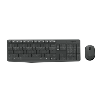 Draufsicht auf das kabellose Logitech MK235 Tastatur- und Maus-Set in Anthrazit mit vollständigem QWERTZ-Layout und separatem Nummernblock.
