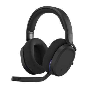 Schrägansicht des schwarzen Fractal Design Scape Gaming-Headsets mit gepolstertem Kopfbügel, Stoffohrmuscheln und abnehmbarem Mikrofonarm.